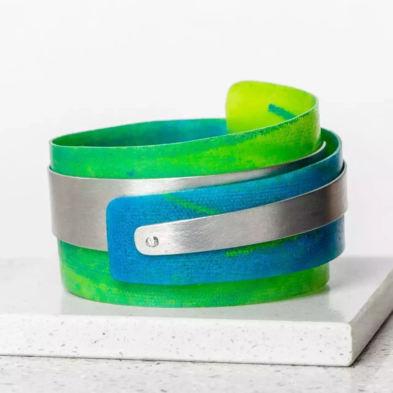 Recycled Plastic Cuff Bracelet - Lime and Blue Aluminium by Anna Roebuck