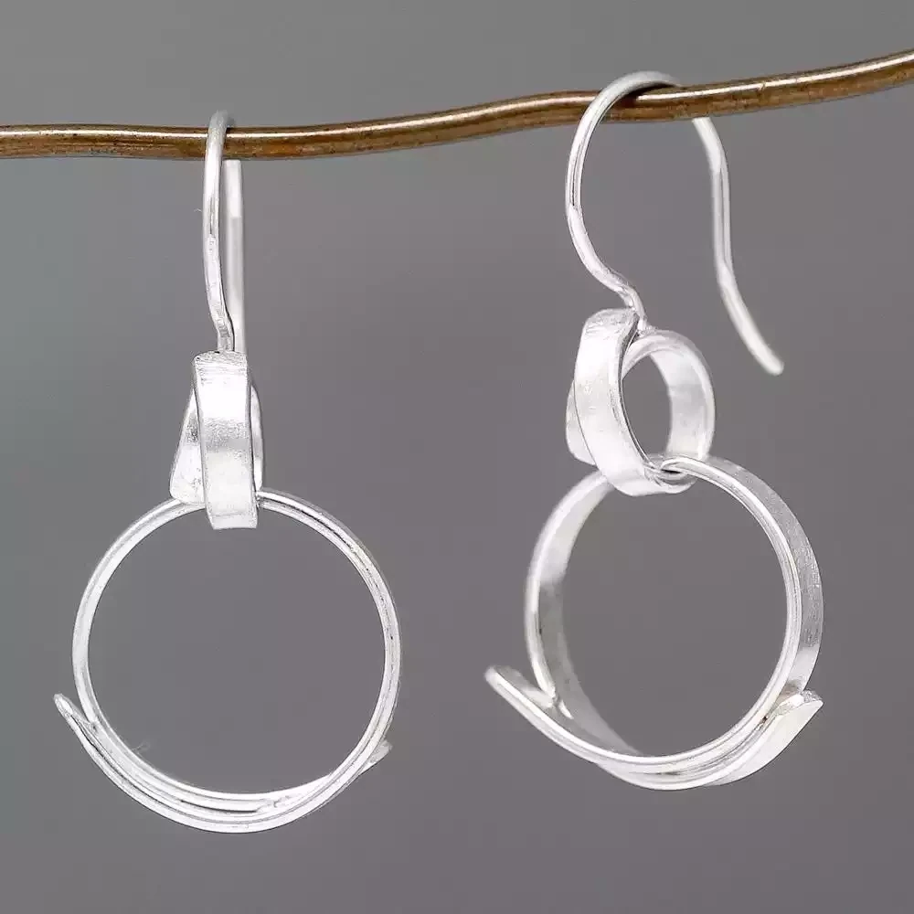 Ribbon Silver Circle Drop Earrings by Fiona Mackay