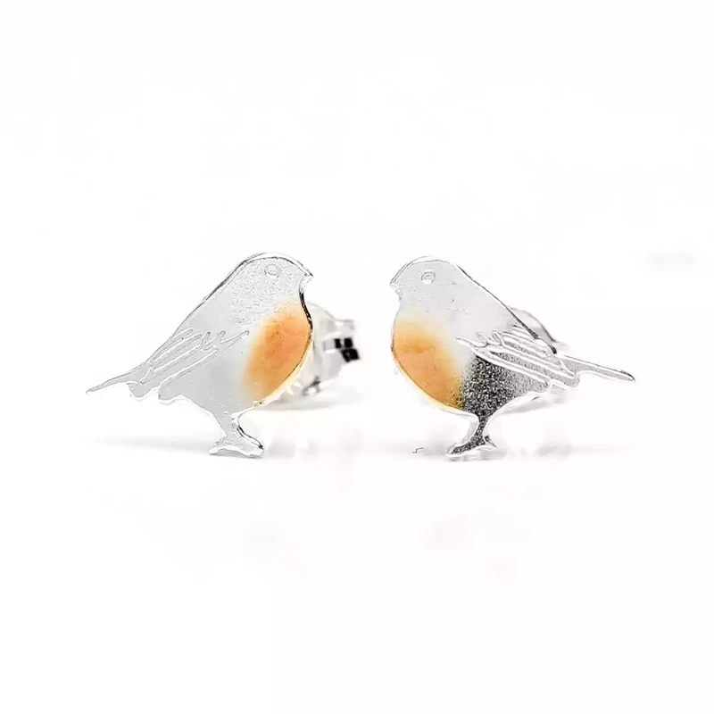 Robin with Rose Gold Plate Chest Silver Stud Earrings by Amanda Coleman