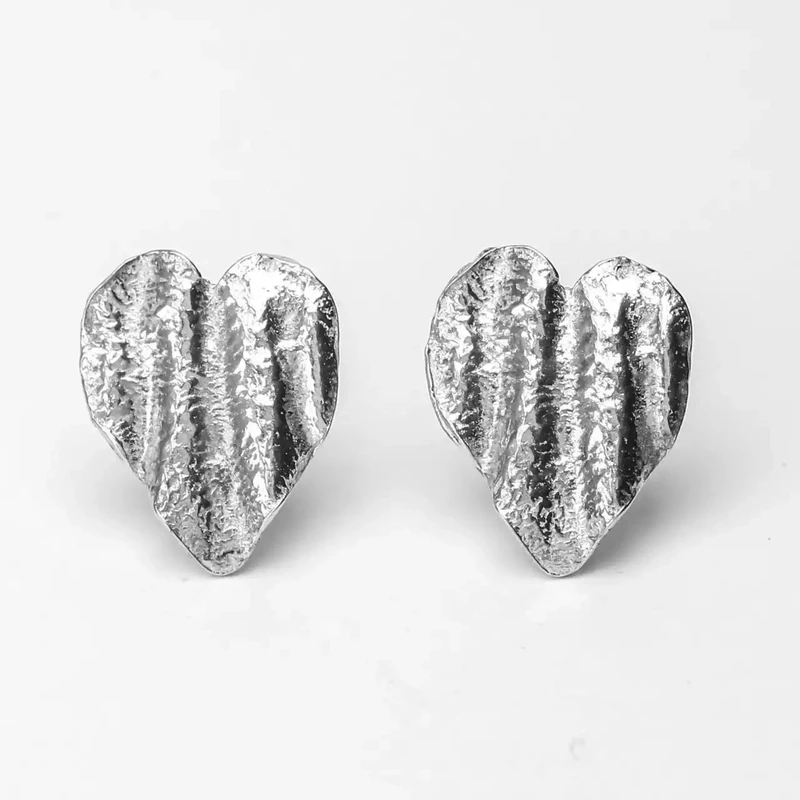 Ribbon Heart Silver Stud Earrings - Large by Silverfish