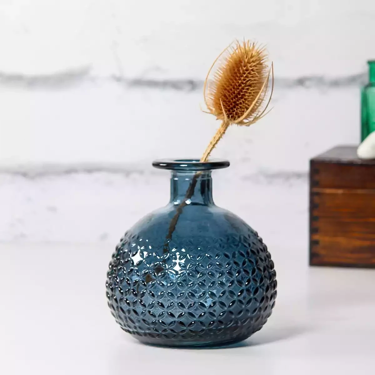 Rolla Recycled Glass Stem Vase - 12cm - Petrol Blue by Jarapa