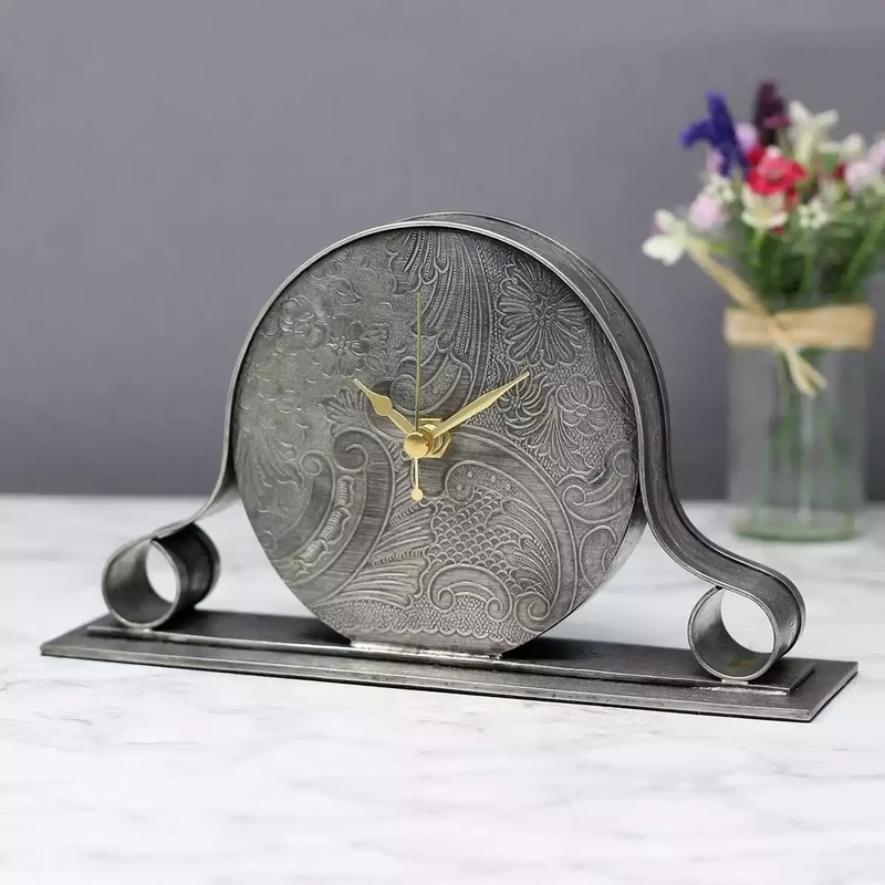 Scroll Pewter Mantel Clock With Embossed Face by Jim Stringer