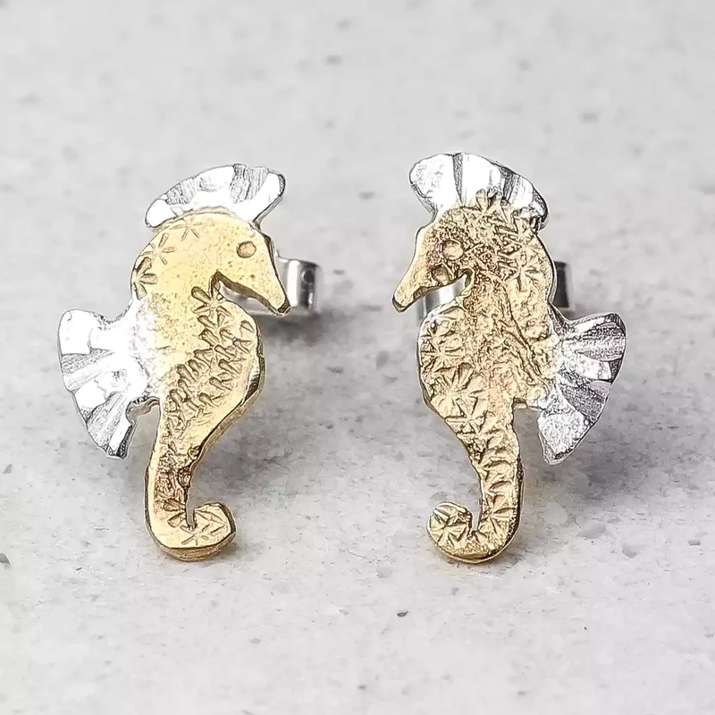 Seahorse Silver and Rose Gold Plate Stud Earrings by Fi Mehra