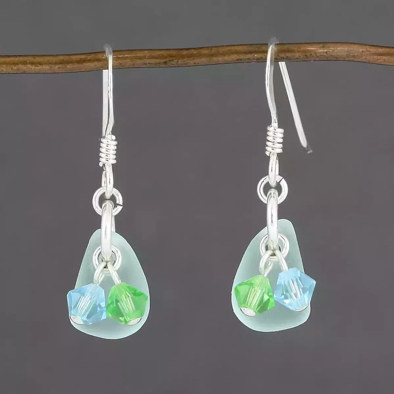 Sea Glass and Crystal Drop Earrings - Sea Green by Gaynor Hebden-Smith