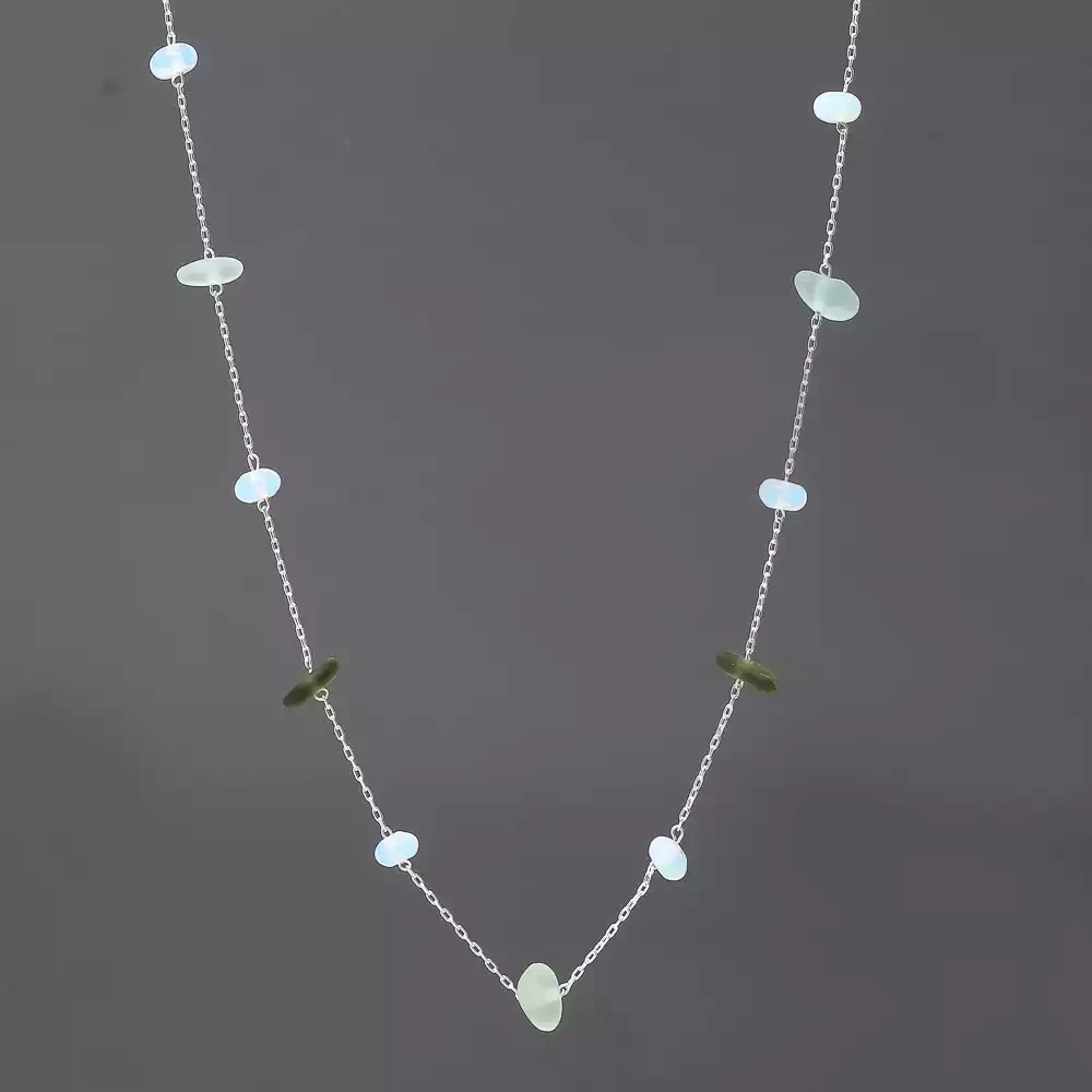 Sea Glass Nugget and Moonstone Bead Silver Necklace by Gaynor Hebden-Smith