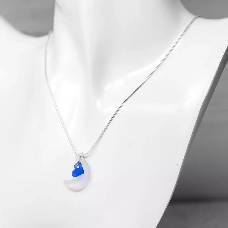 Sea Glass Moon and Heart Pendant - Blue by Gaynor Hebden-Smith