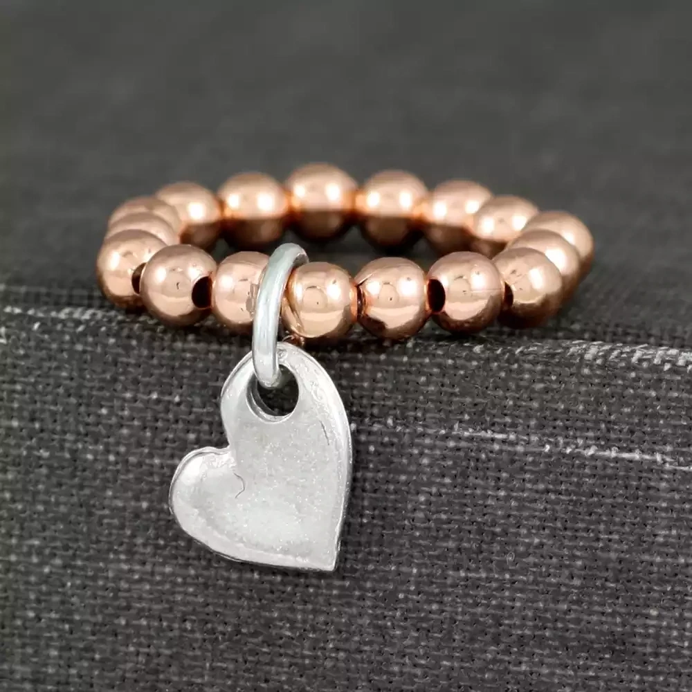 Seed Bead Rose Gold Plated Stretch Ring With Pewter Heart Charm by Metal Planet