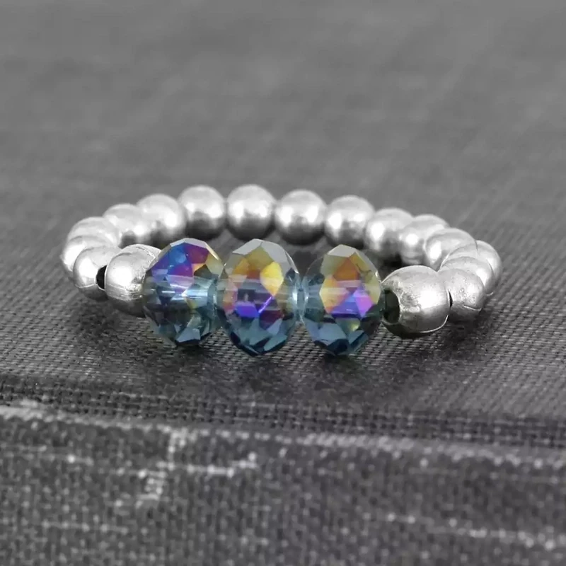 Seed Bead Stretch Ring With Glass Beads - Blue Petrol by Metal Planet