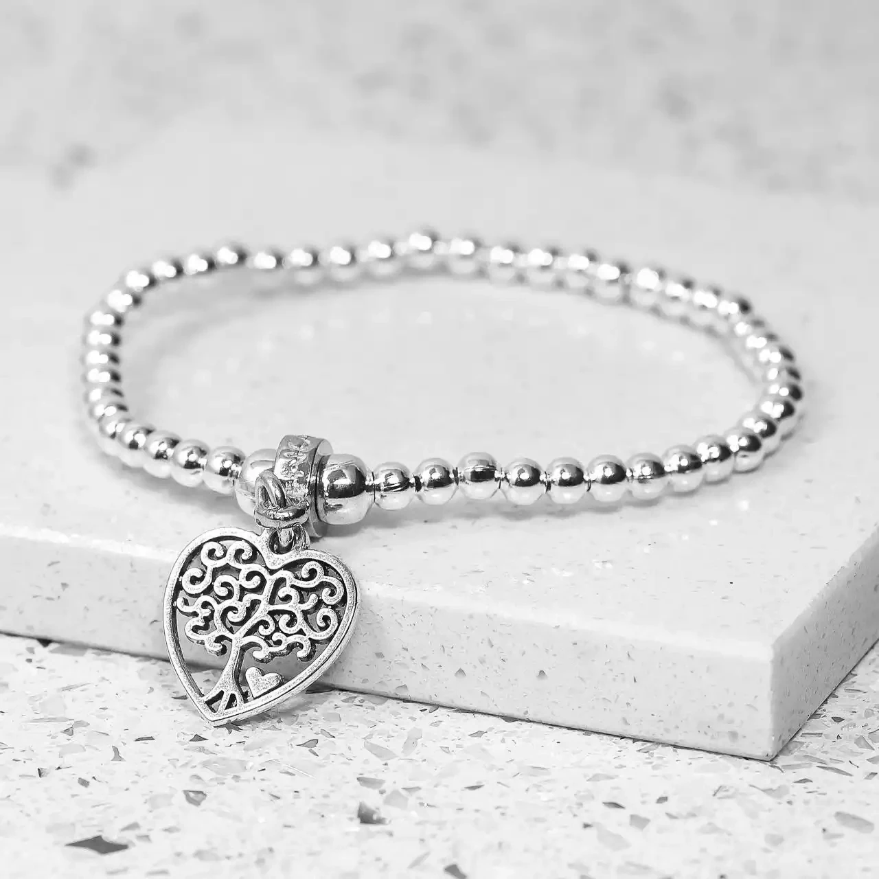 Seed Bead Bracelet With Pewter Heart Tree of Life Charm by Metal Planet