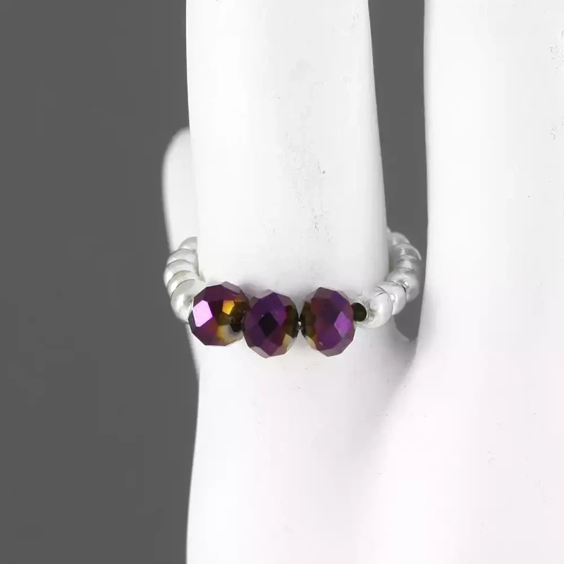 Seed Bead Stretch Ring With Glass Beads - Dark Purple by Metal Planet
