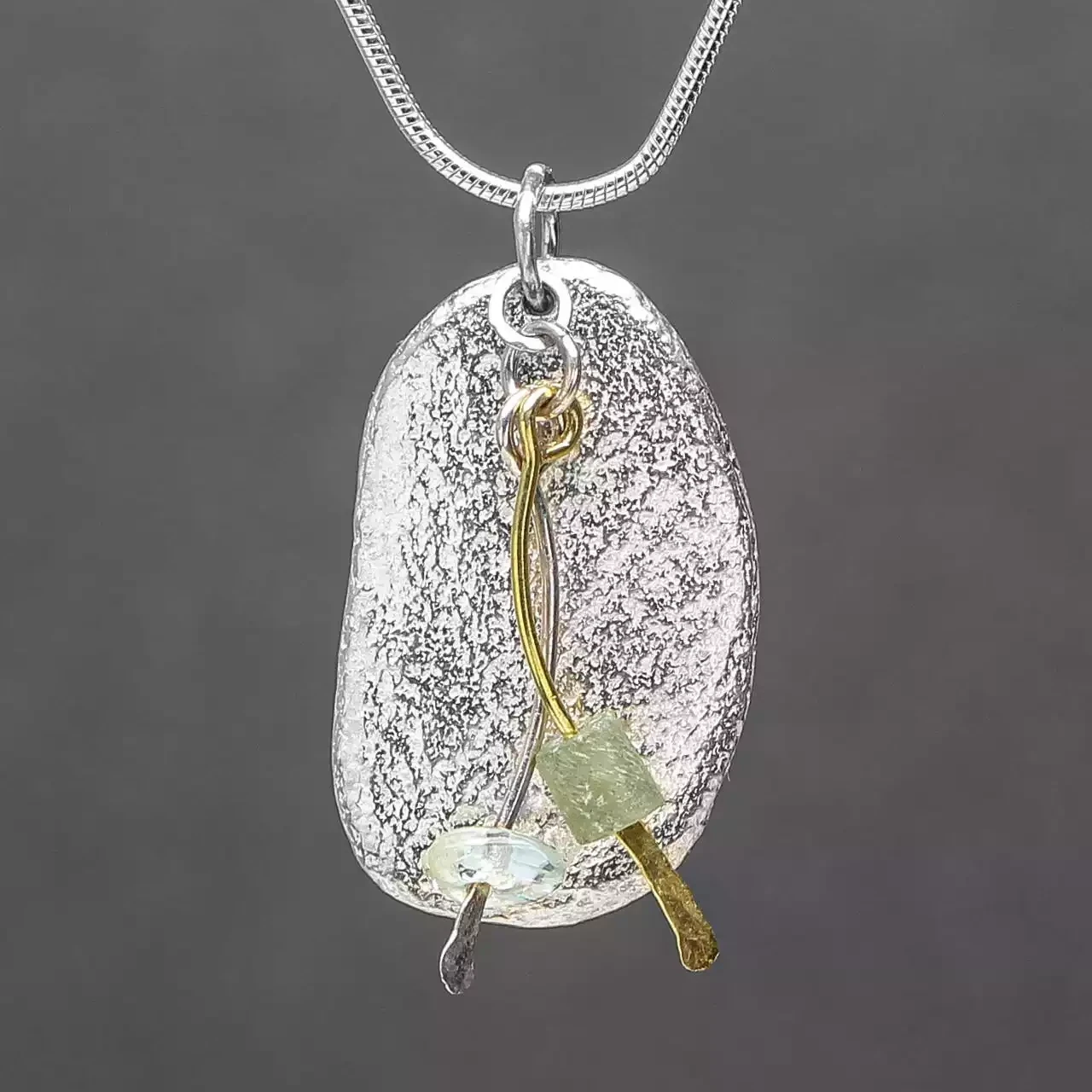 Silver Pebble Pendant With Glass, Rock Quartz Beads and Gold Detail - Large by Silverfish