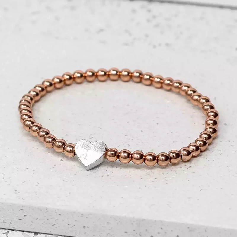 Seed Bead Rose Gold Plated Bracelet With Pewter Heart - With Love by Metal Planet