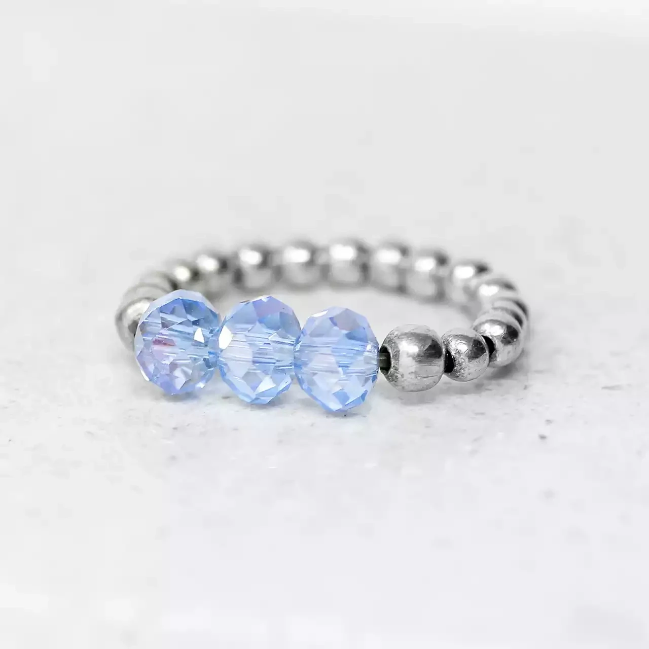 Seed Bead Stretch Ring With Glass Beads - Pale Blue by Metal Planet