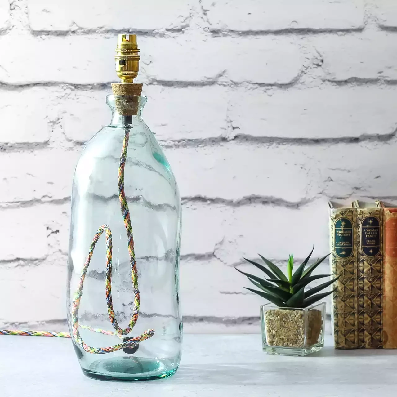 Simplicity Recycled Glass Bottle Lamp Base - Tall and Slim - Natural With Multi-coloured Cord by Jarapa