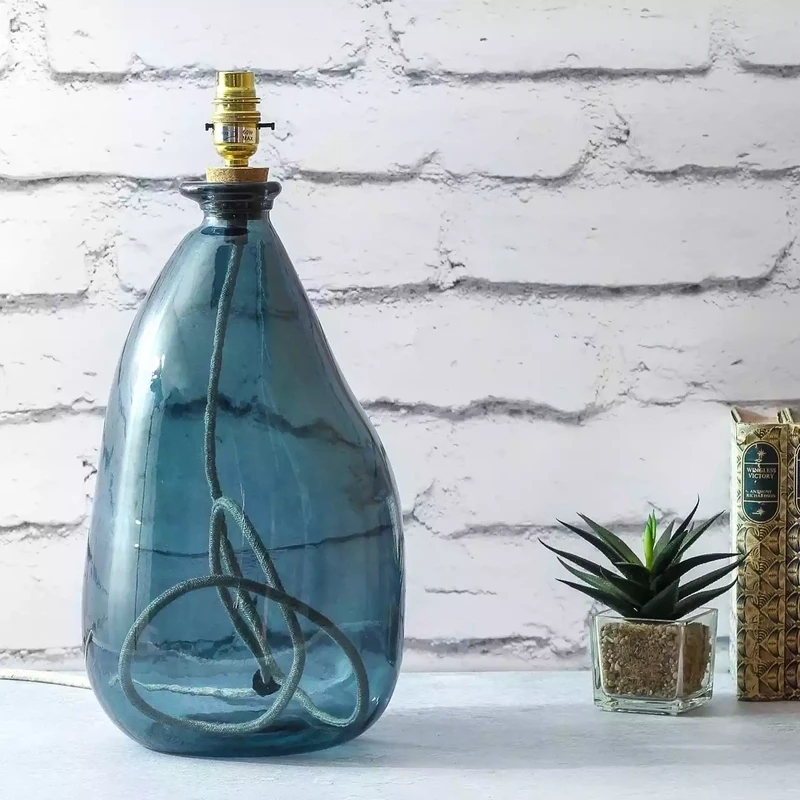 Simplicity Recycled Glass Bottle Lamp Base Tall and Wide Petrol
