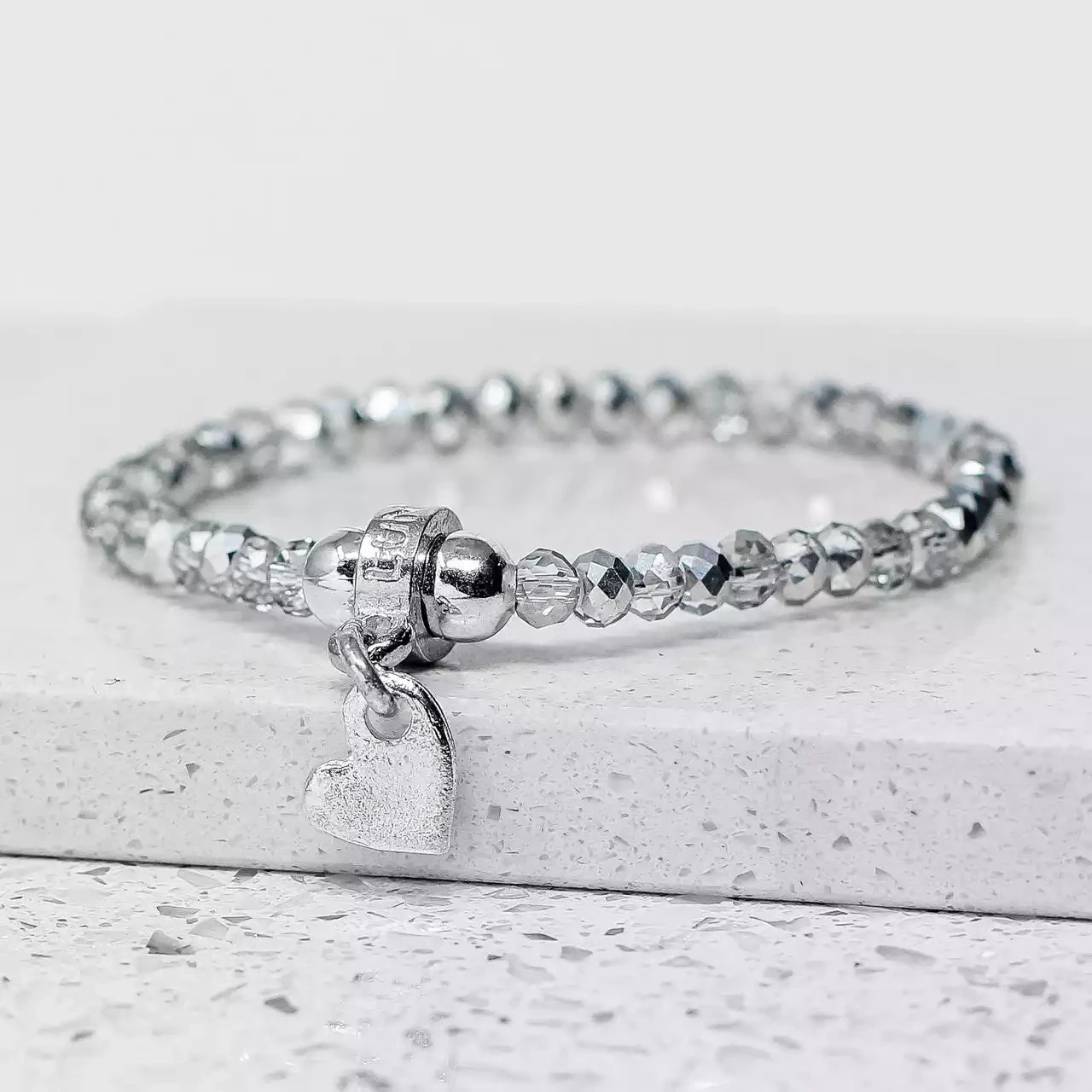 Silver Coloured Glass Bead and Pewter Heart Bracelet by Metal Planet