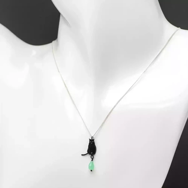 Sitting Cat Pendant - Ruthenium Plated Silver With Chrysoprase by Amanda Coleman