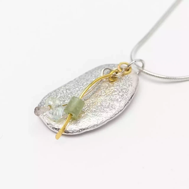 Silver Pebble Pendant With Glass, Rock Quartz Beads and Gold Detail - Large by Silverfish