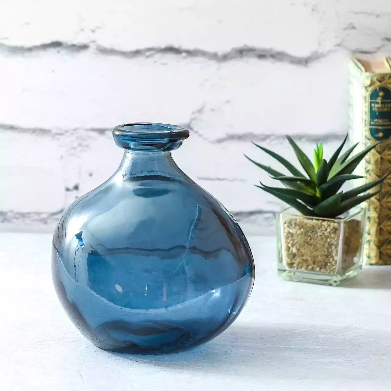 Simplicity Recycled Glass Vase - 18cm - Petrol Blue by Jarapa