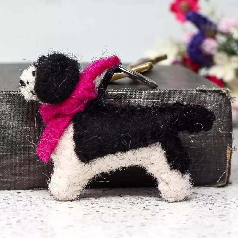 Spaniel Felt Dog Keyring- Black With Pink Scarf by Amica