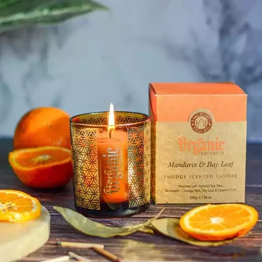 Smudge Scented Candle in Glass Jar - Mandarin &amp; Bay Leaf by Song of India