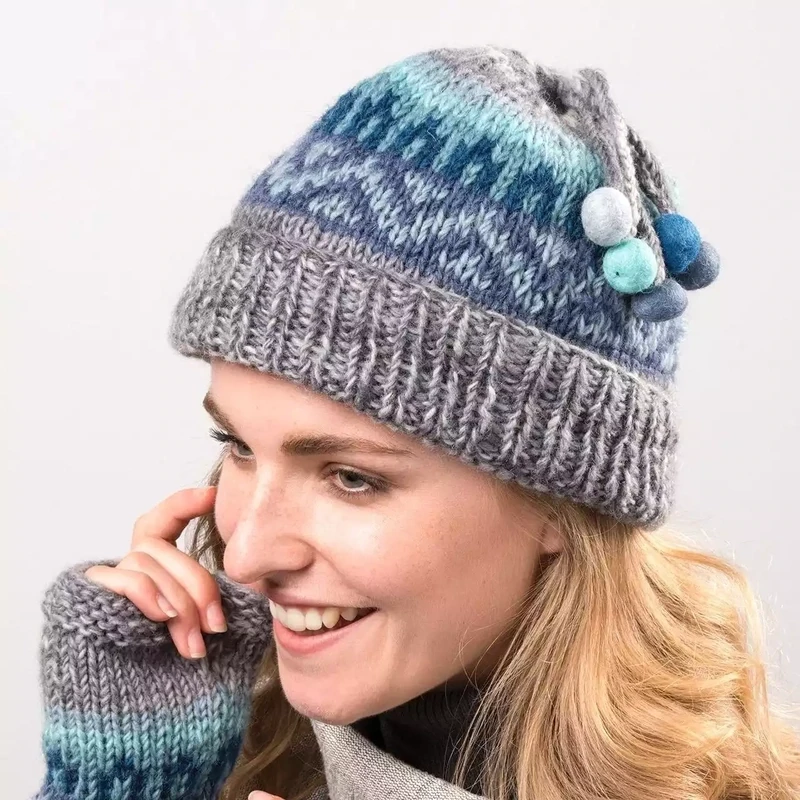 Space Dye Fold Beanie With Five Wool Bobbles by Namaste