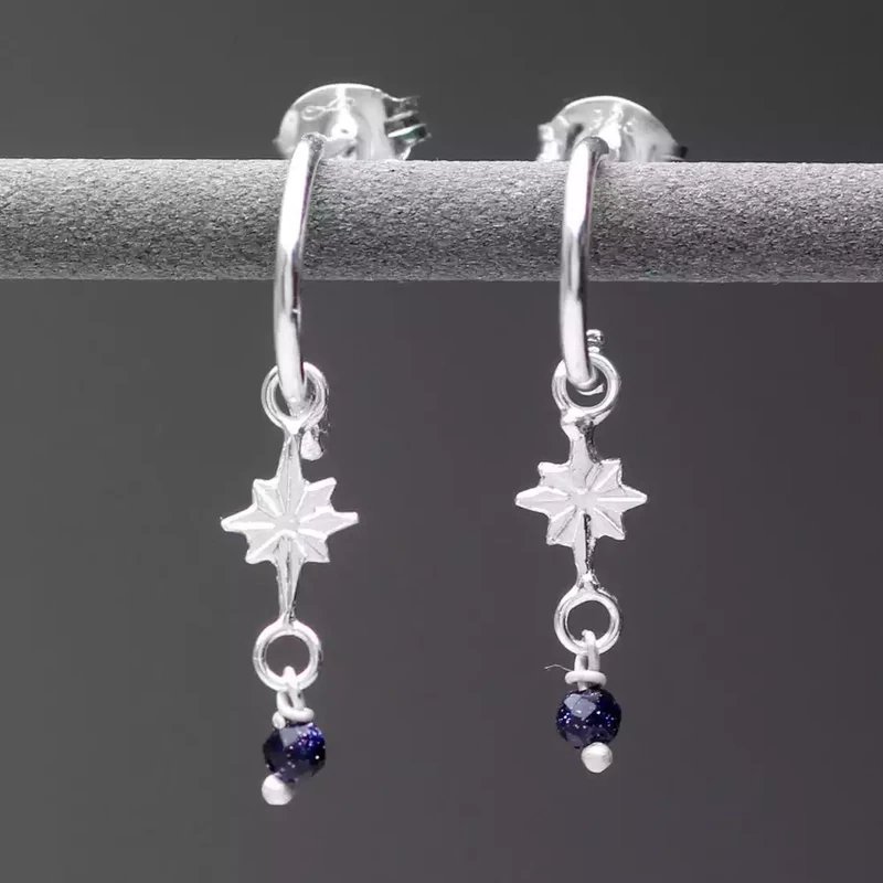 Star Mini Hoop Earrings - Silver and Blue Goldstone by Amanda Coleman