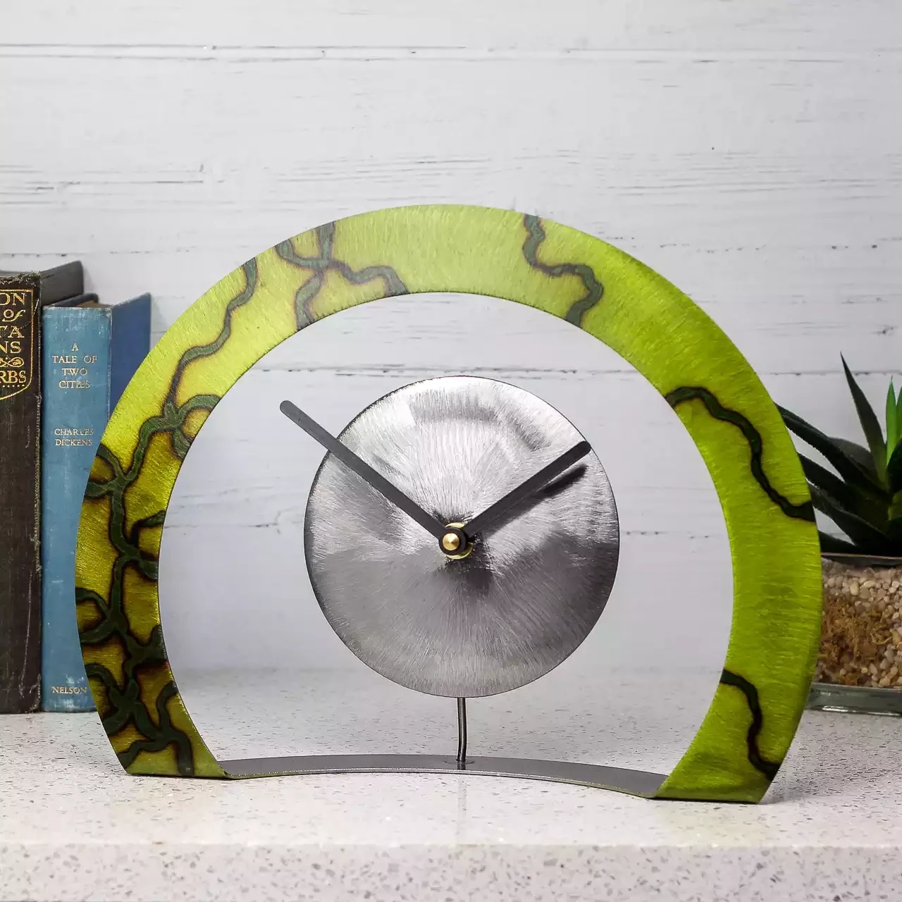 Steel and Bronze Hoop Mantel Clock - Swirls Green by Whittle Designs