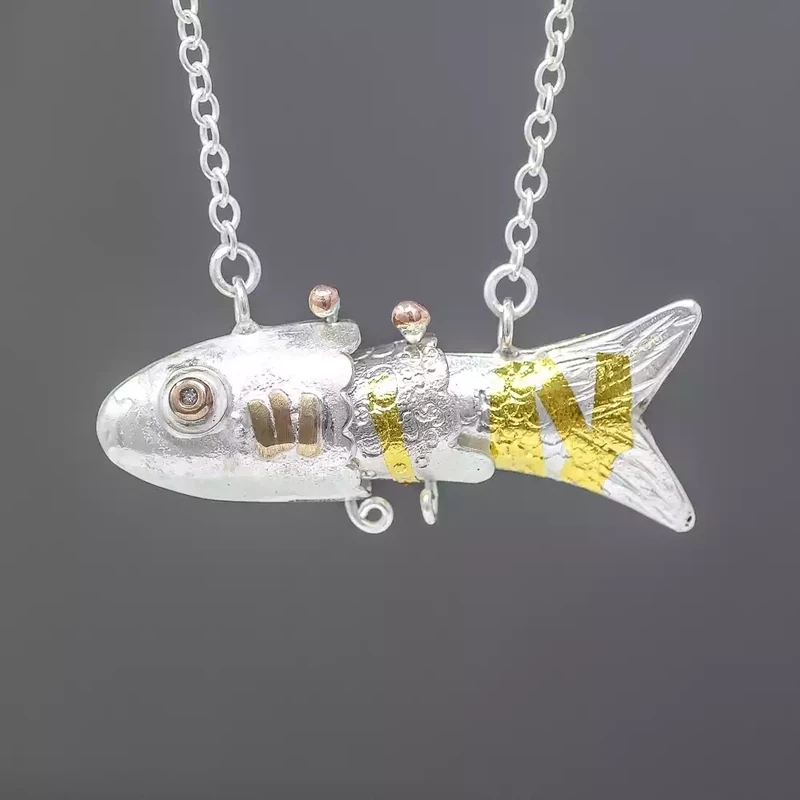 Swimming Minnow Fish Silver and Diamond Pendant by Fi Mehra