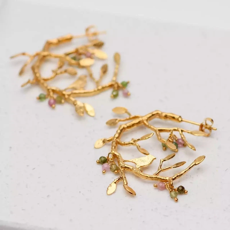 Tiny Bird in Tree Gold Plated Silver Stud Earrings by Amanda Coleman