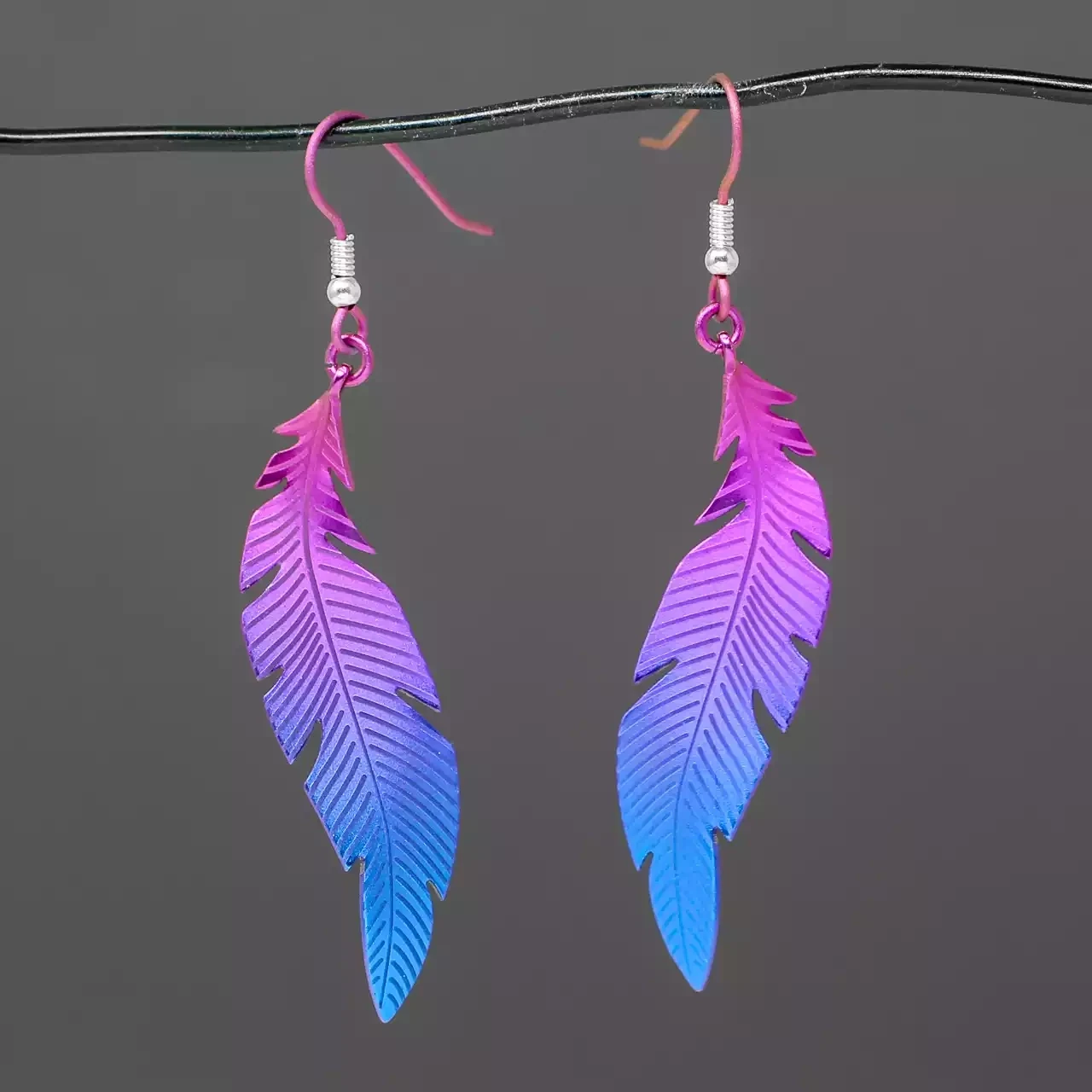 Titanium Curved Feather Drop Earrings - Medium - Purple by Prism Design