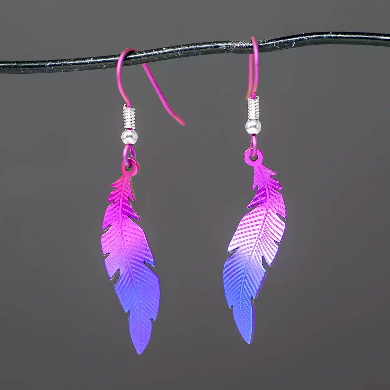 Titanium Feather Drop Earrings - Small - Purple by Prism Design