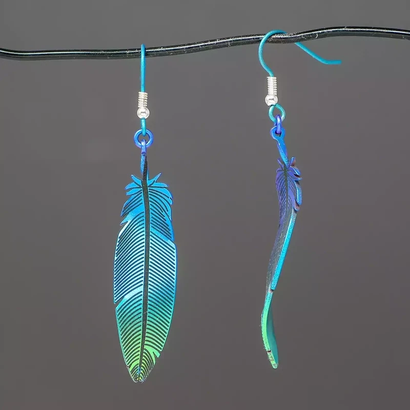 Titanium Feather Drop Earrings - Medium - Green by Prism Design