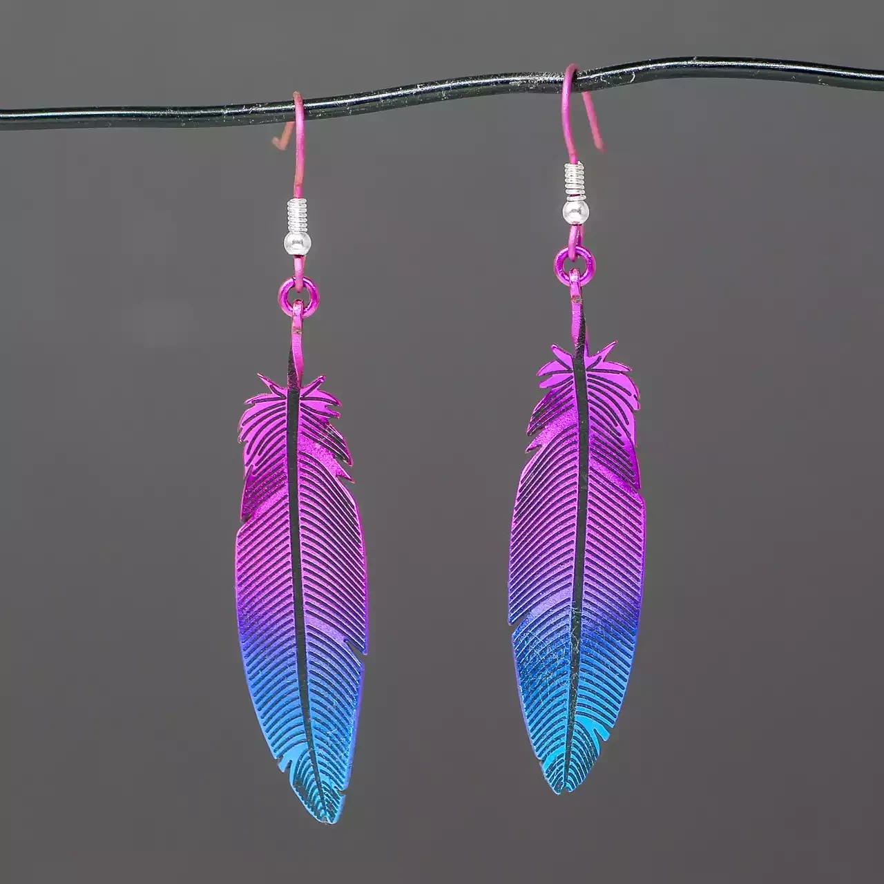 Titanium Feather Drop Earrings - Medium - Purple by Prism Design