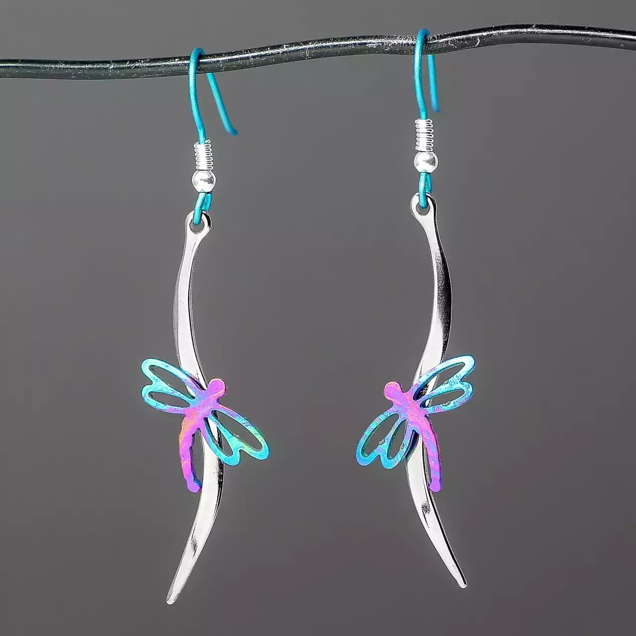 Titanium Dragonfly Drop Earrings - Small With Stem by Prism Design