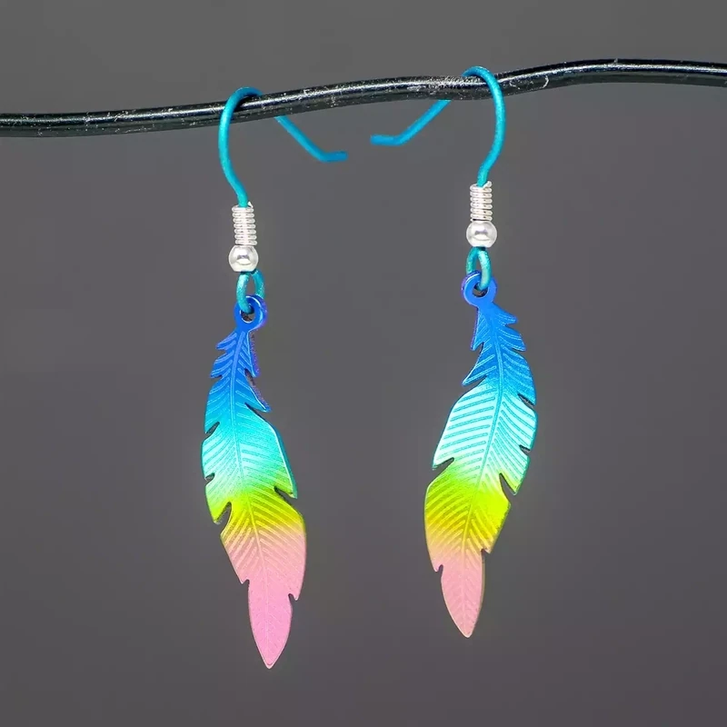 Titanium Feather Drop Earrings - Small - Green by Prism Design