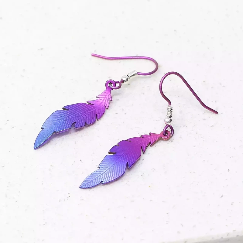 Titanium Feather Drop Earrings - Small - Purple by Prism Design