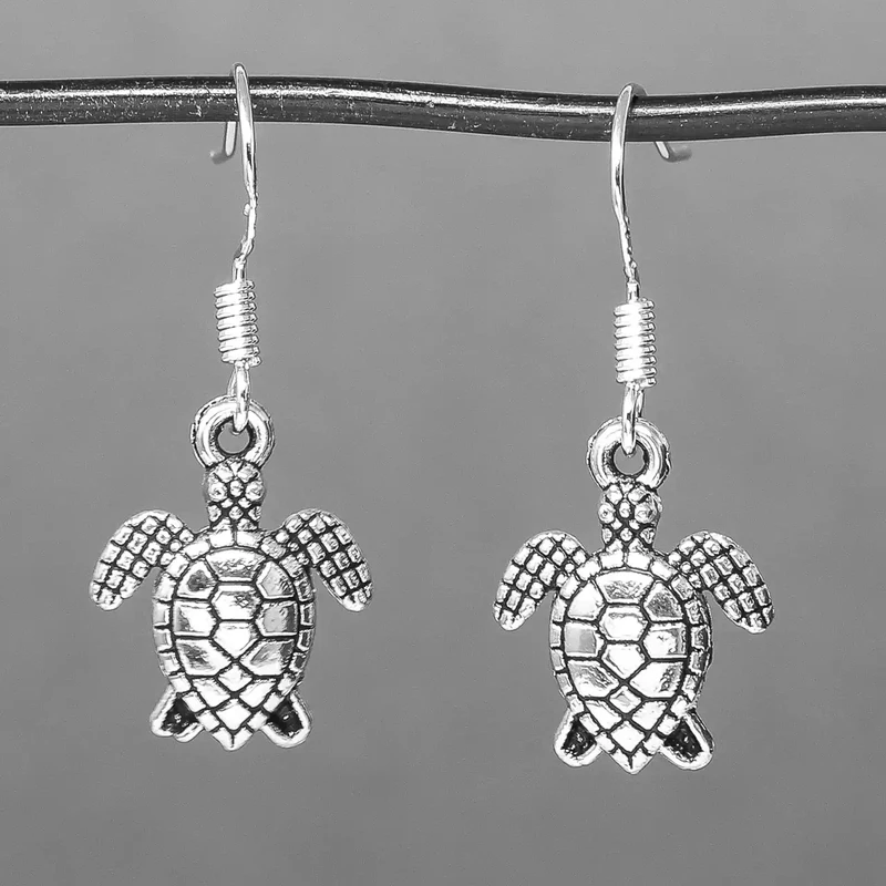 Turtle Pewter Drop Earrings by Metal Planet