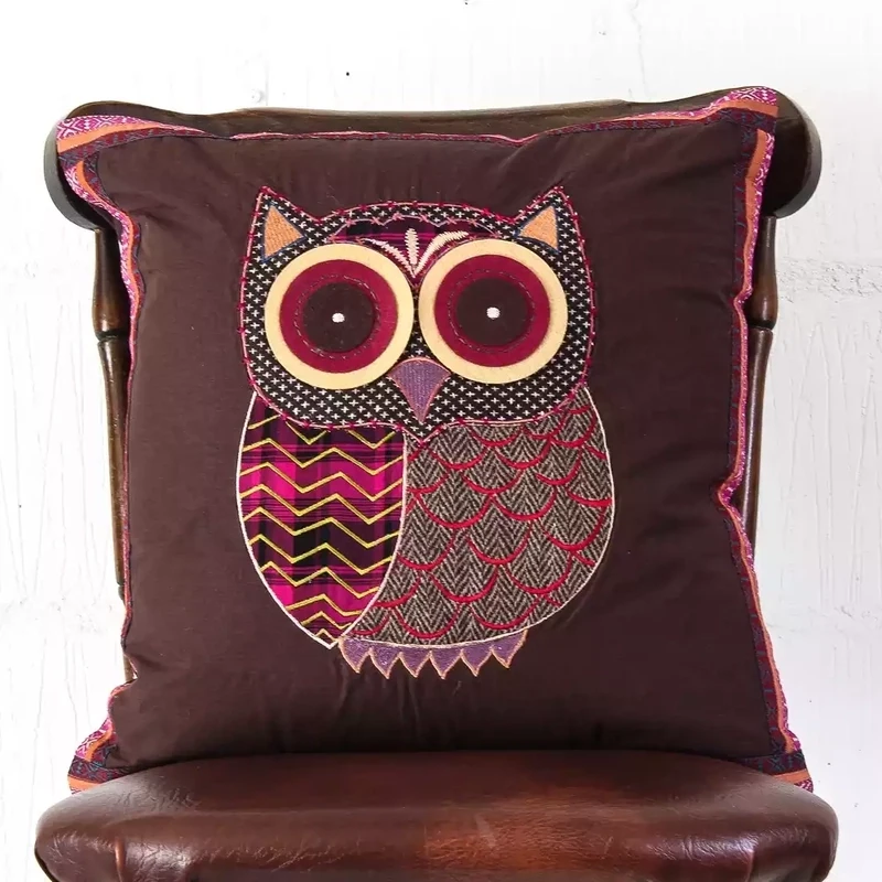 Tweed Applique Owl Cushion - Chocolate - 45x45cm by Namaste