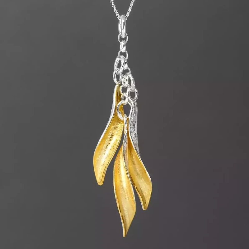 Willow Triple Leaves Gold Plated Silver Pendant by Fi Mehra