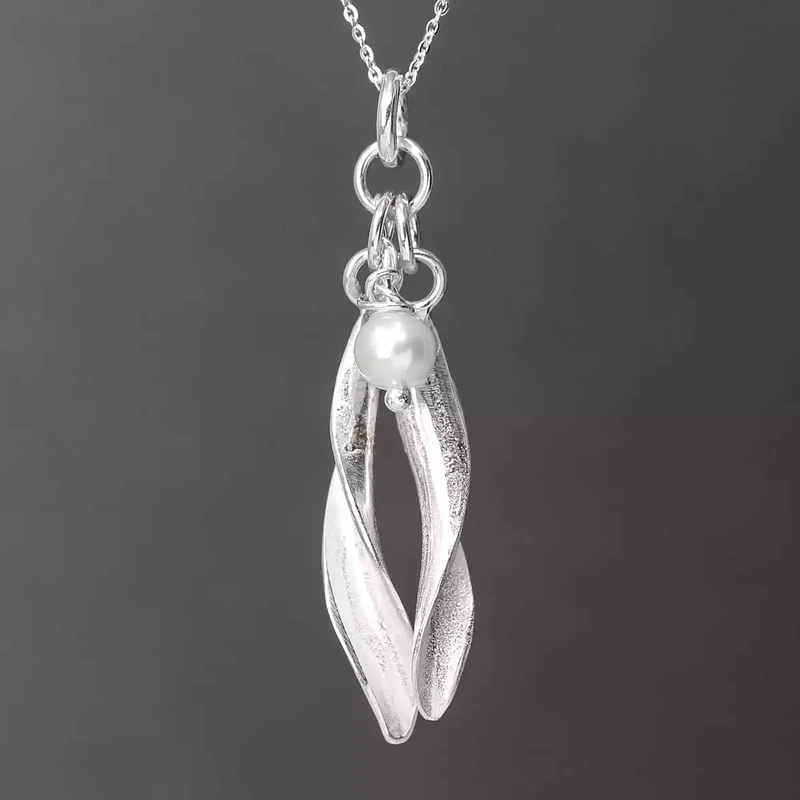 Willow Double Leaves Silver Pendant With Pearl by Fi Mehra