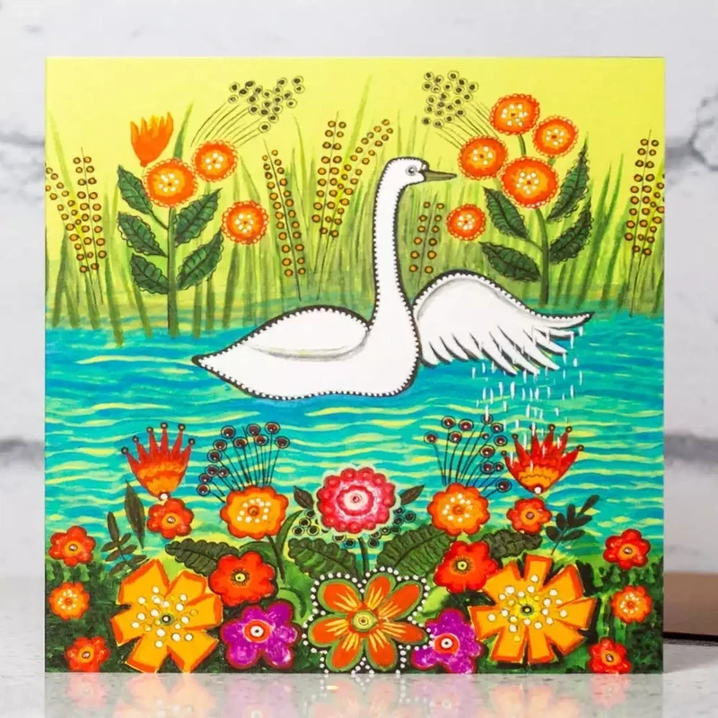 White Swan Watering Flowers Card by Kapelki Art