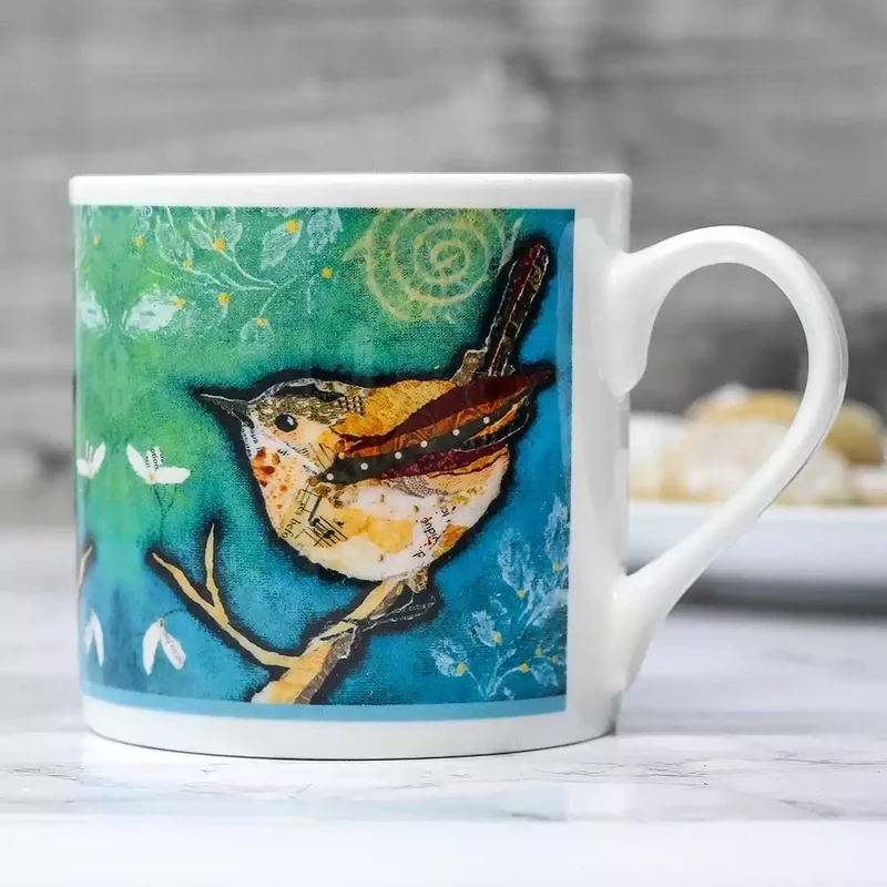 wren with aqua sky china mug by dawn maciocia
