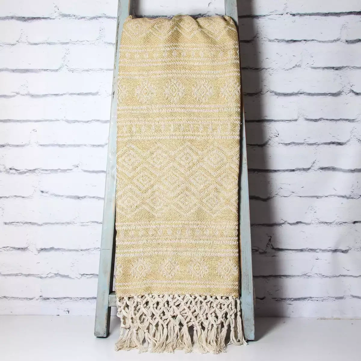 Zahira Handloom Recycled Throw with Hand Knotted Fringe - Old Gold - 125x150cm by Namaste