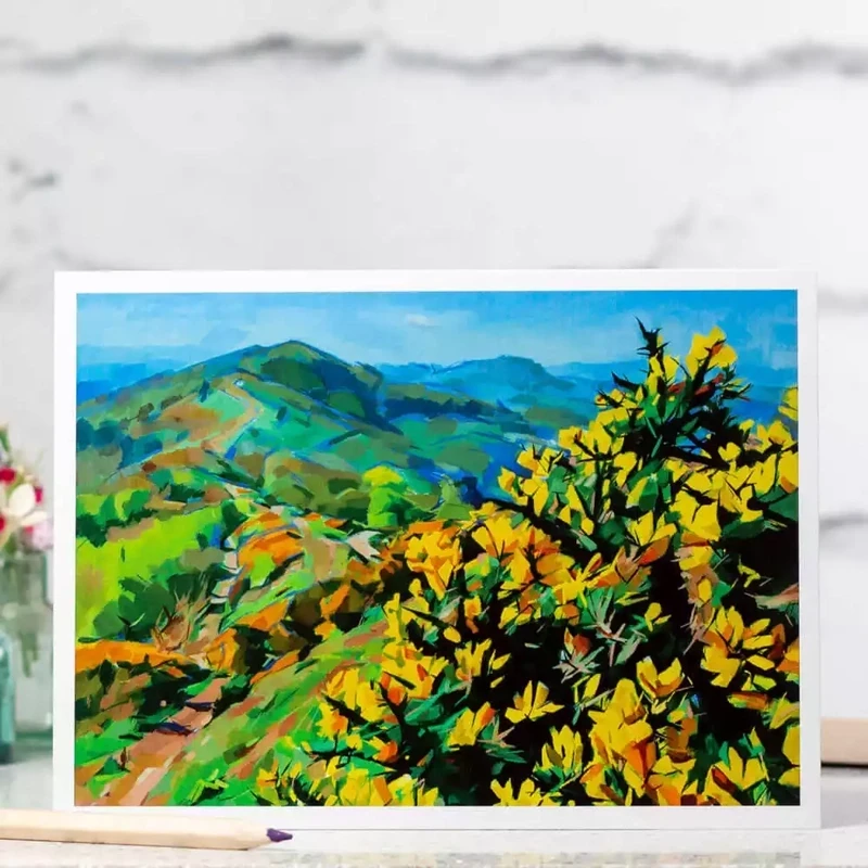 Yellow Gorse, Blue Hills Greetings Card by Tia Lambert