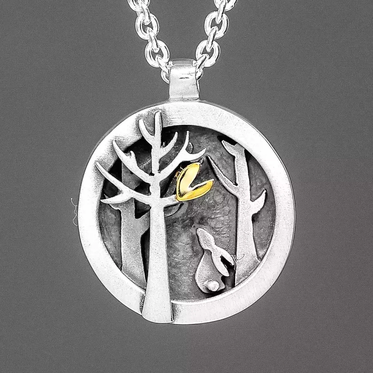 Woodlands Hare and Heart Silver and Gold Necklace - Medium by Linda Macdonald