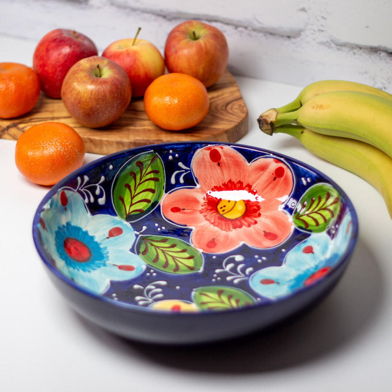 Classic Spanish Hand Painted Ceramic Salad Bowl (26cm) - Pink Flower by Verano Ceramics