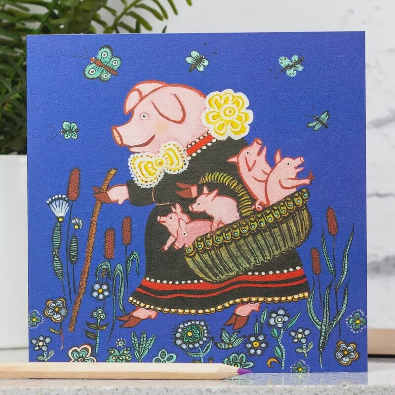 Mother Pig and Piglets Blue Card by Kapelki Art