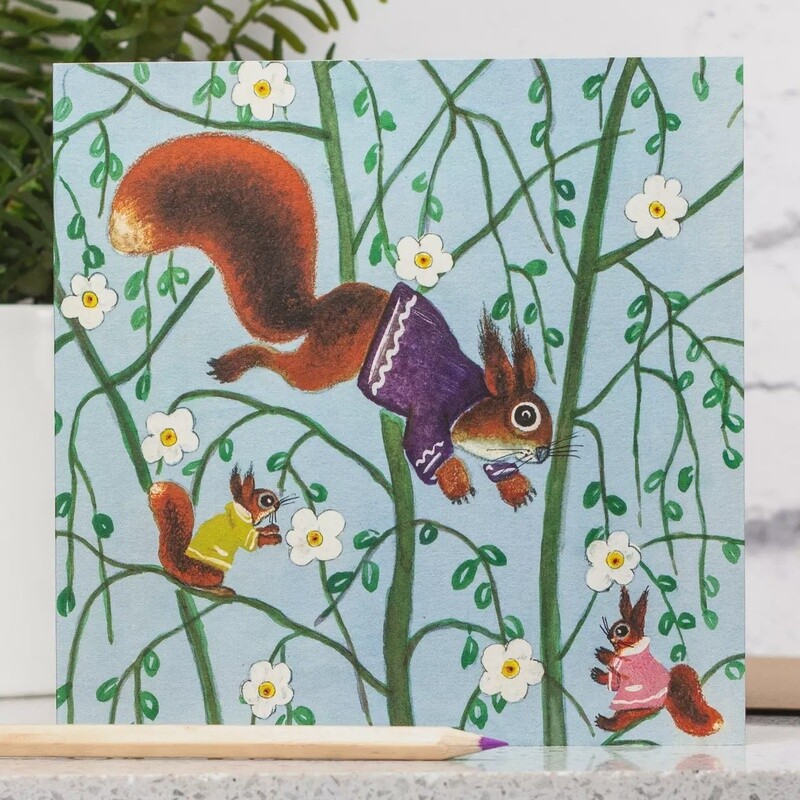 Red Squirrels in Apple Blossom Card by Kapelki Art