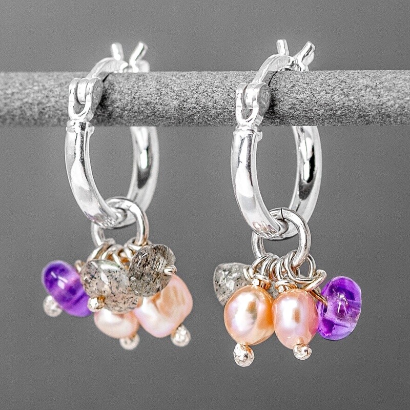 One Off Mini Silver Hoop Gemstone Cluster Earrings - Pink Pearl by Katherine Bree